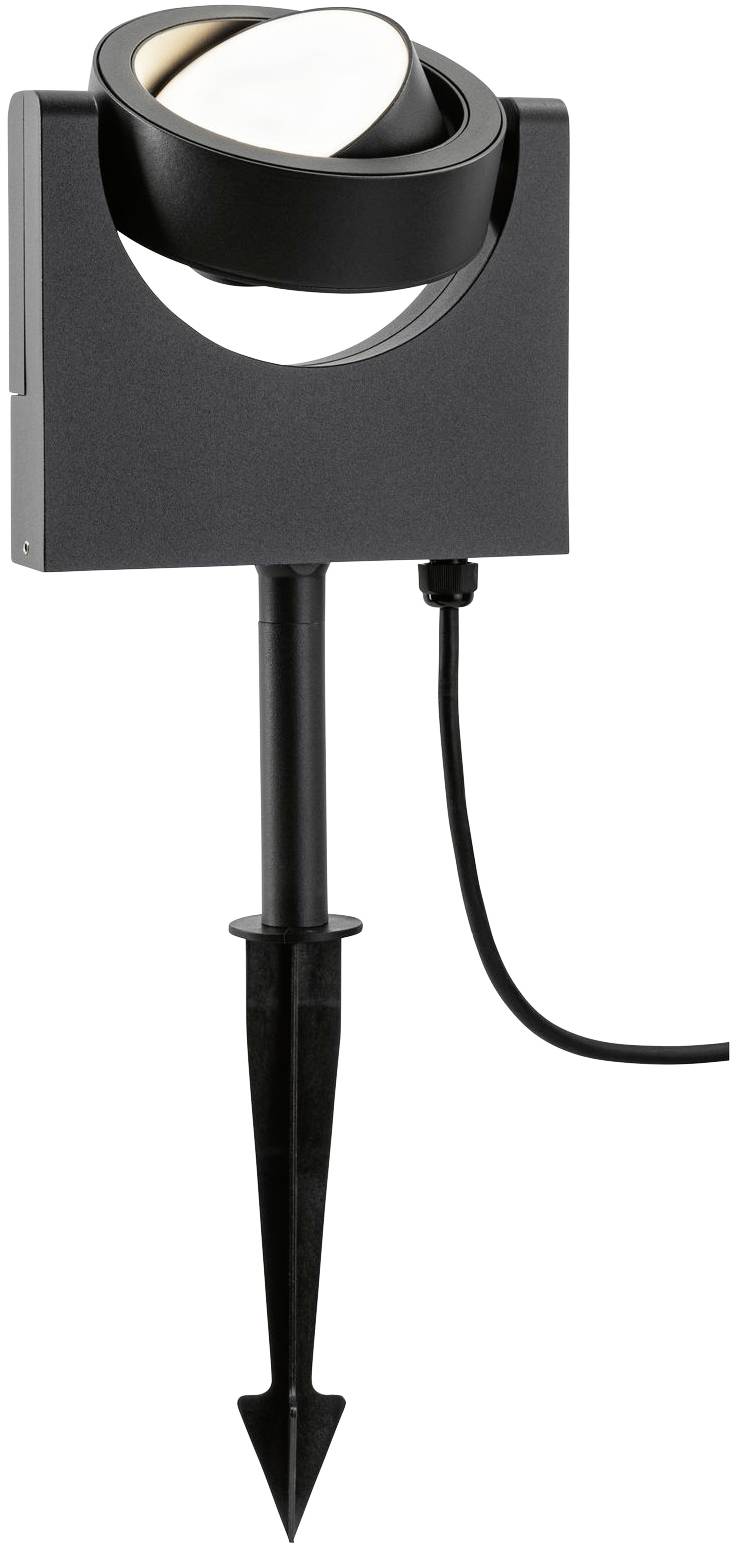 Čierne vonkajšie svietidlo so zabudovaným zemným kolíkom; otočná okrúhla svetelná hlava pre presmerované osvetlenie v záhrade.