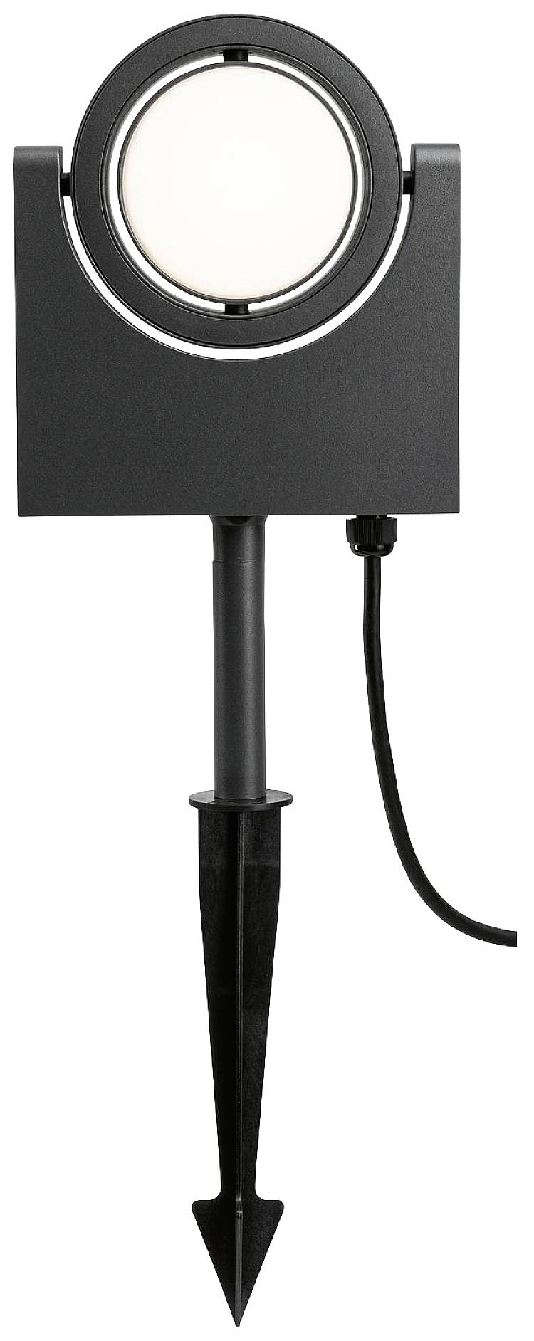 Moderná, čierna vonkajšia lampa na podlhovastom stĺpe s okrúhlym, bielym svetelným telesom, vhodná pre záhradné osvetlenie.