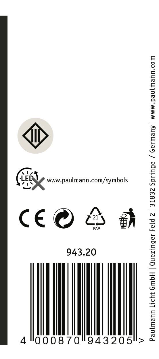 Etiketa spoločnosti 'Paulmann Licht GmbH' s čiarovým kódom, adresou výrobcu, symbolmi 'CE' a '21 PAP' a odkazom na informácie o výrobku.