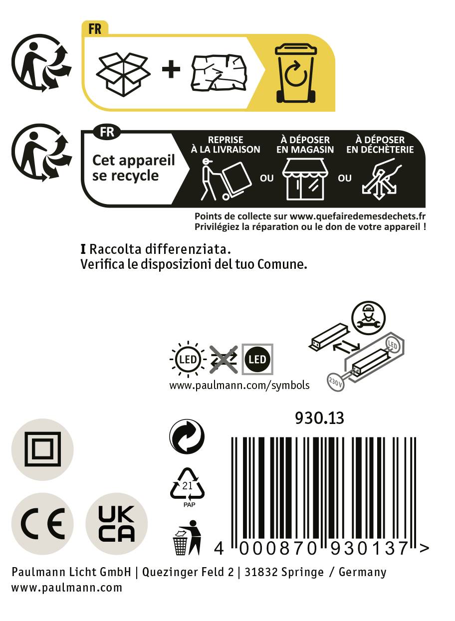 Na obrázku sú recyklačné symboly a pokyny vo francúzštine a taliančine, ktoré popisujú správnu likvidáciu obalov.