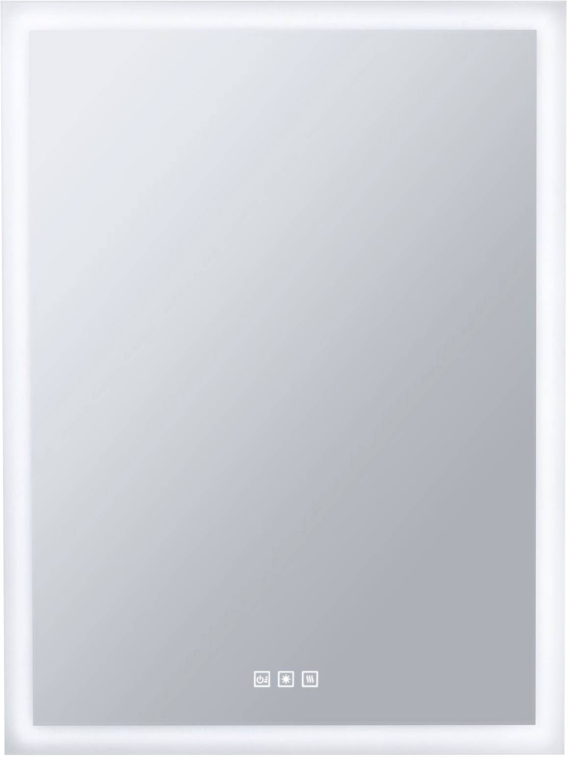 Obdĺžnikové kúpeľňové zrkadlo s podsvietením a tromi dotykovými tlačidlami na ovládanie osvetlenia a funkcií v spodnej časti.