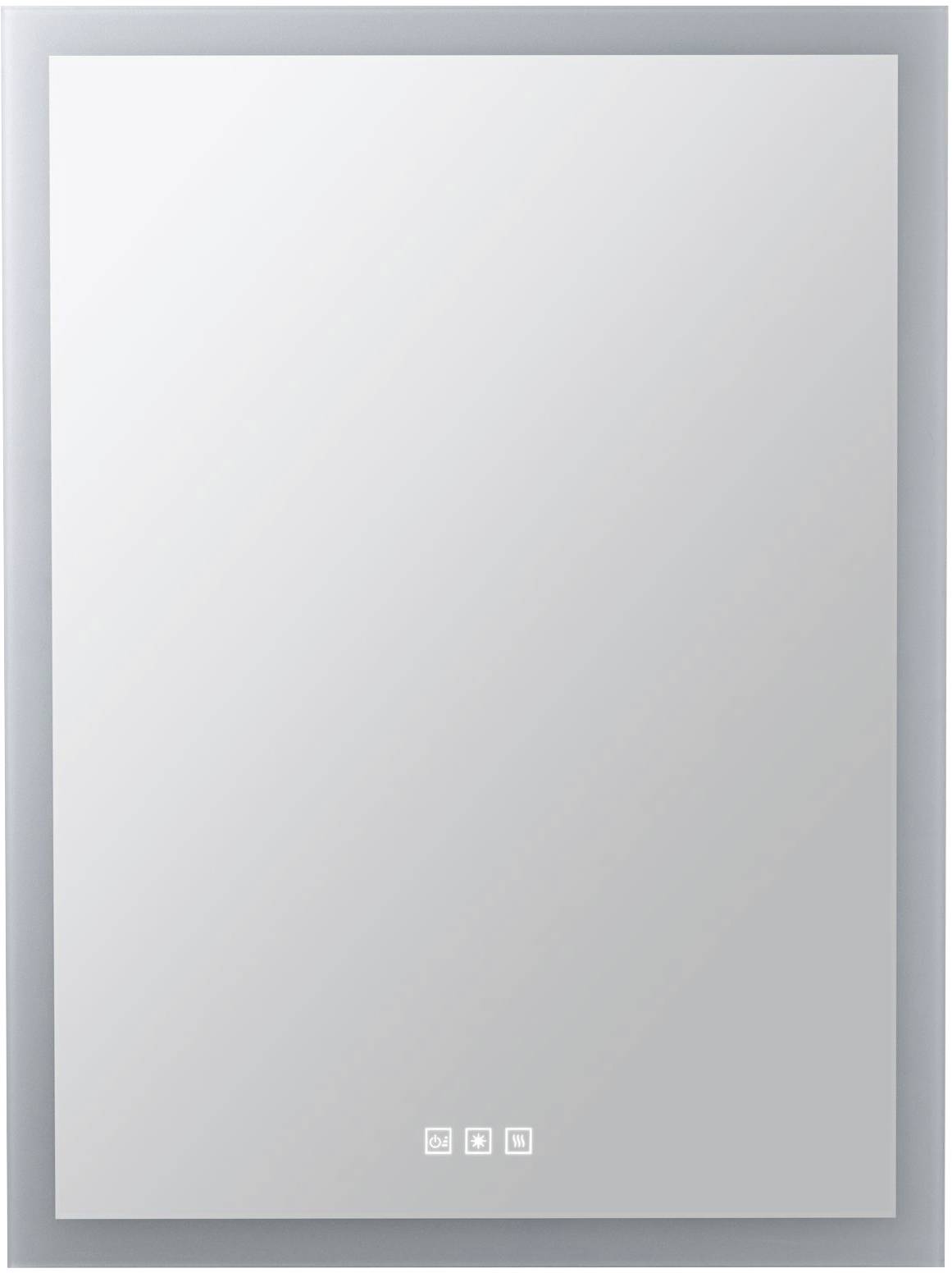 Obdĺžnikové zrkadlo na stene s úzkym strieborným rámom. V spodnej časti sú tri nenápadné symboly pre dotykové ovládacie prvky.