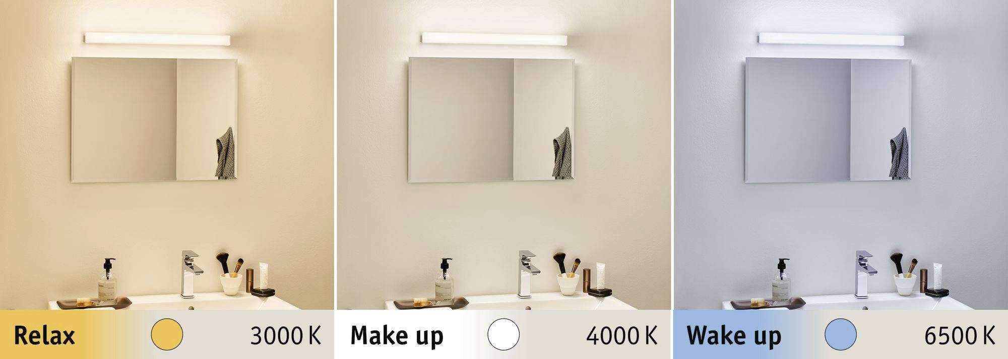Tri obrázky kúpeľne s rôznym osvetlením: Teplá biela 'Relax' (3000K), Neutrálna biela 'Make up' (4000K), Studená biela 'Wake up' (6500K).
