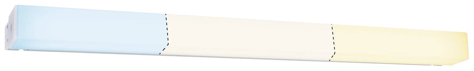 Podlhovastý, trojfarebný svetelný objekt: vľavo svetlomodrý, v strede biely, vpravo béžový.