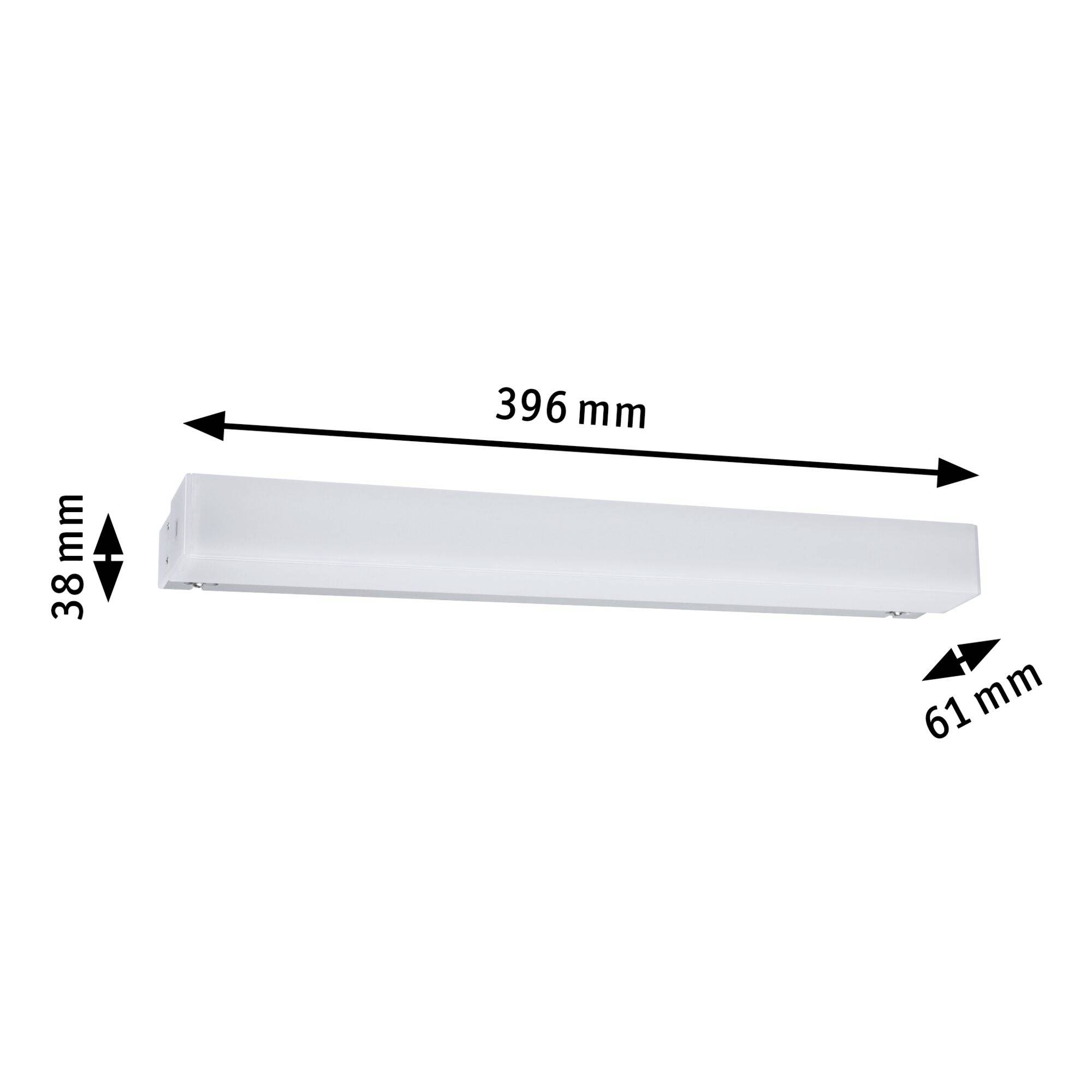 LED svietidlo s rozmermi: dĺžka 396 mm, šírka 61 mm, výška 38 mm.