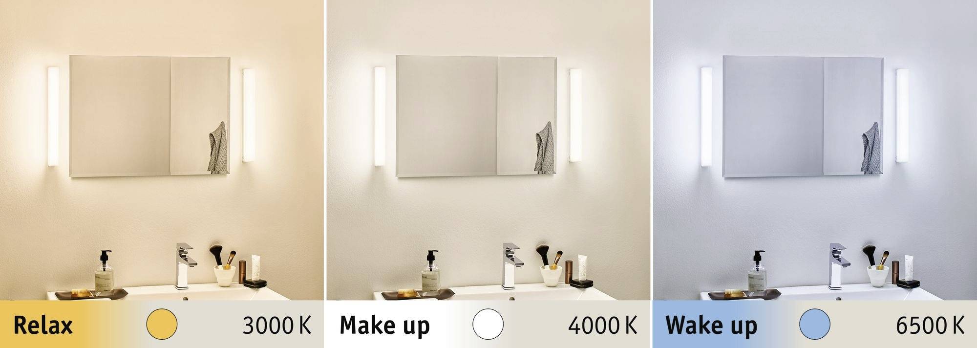 Tri obrázky kúpeľňového zrkadla s rôznymi farebnými odtieňmi svetla: Teplé 3000K 'Relax', Neutrálne 4000K 'Make up', Studené 6500K 'Wake up'.