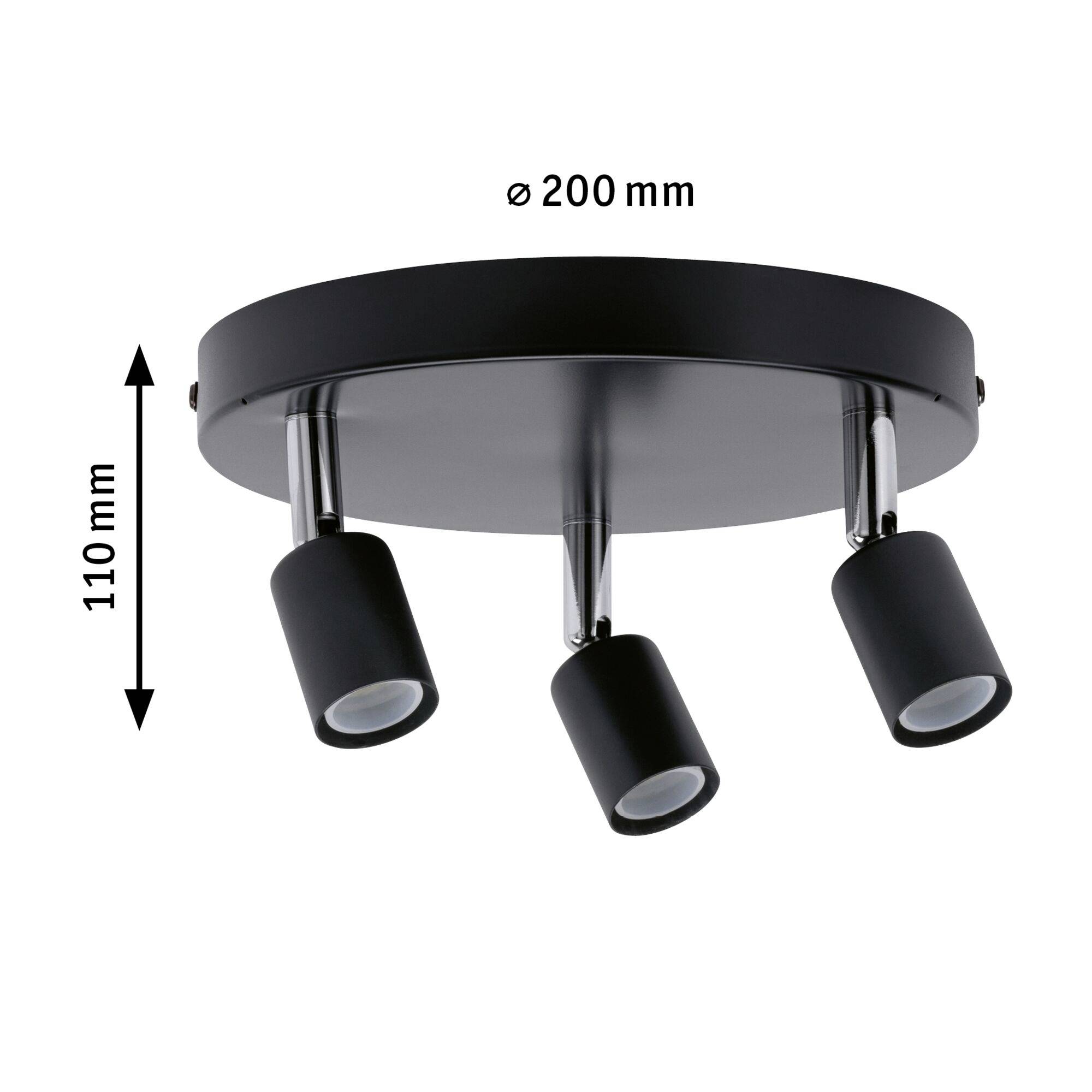 Čierny stropný reflektor s tromi nastaviteľnými svetlami, priemer 200 mm, výška 110 mm. Ideálny pre cielenú priestorovú ilumináciu.