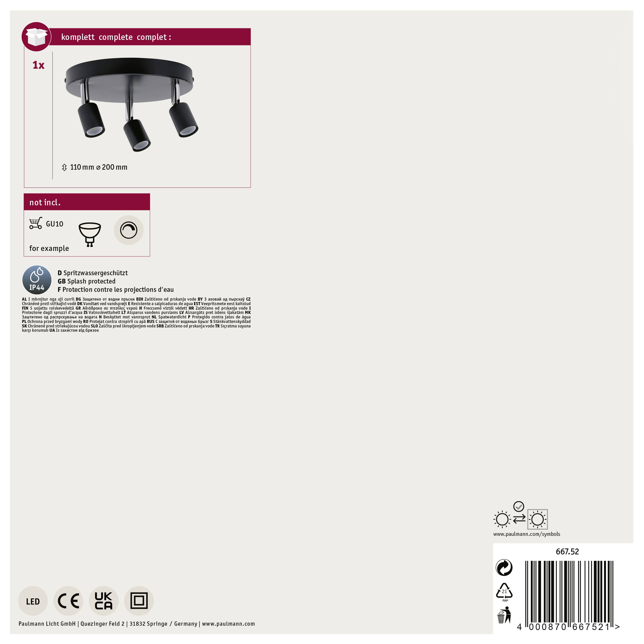 'Stropné svietidlo s troma nastaviteľnými svetlami. Obsahuje pätica GU10. Rozmery: 100 mm x 200 mm. Žiarovky nie sú súčasťou balenia.'