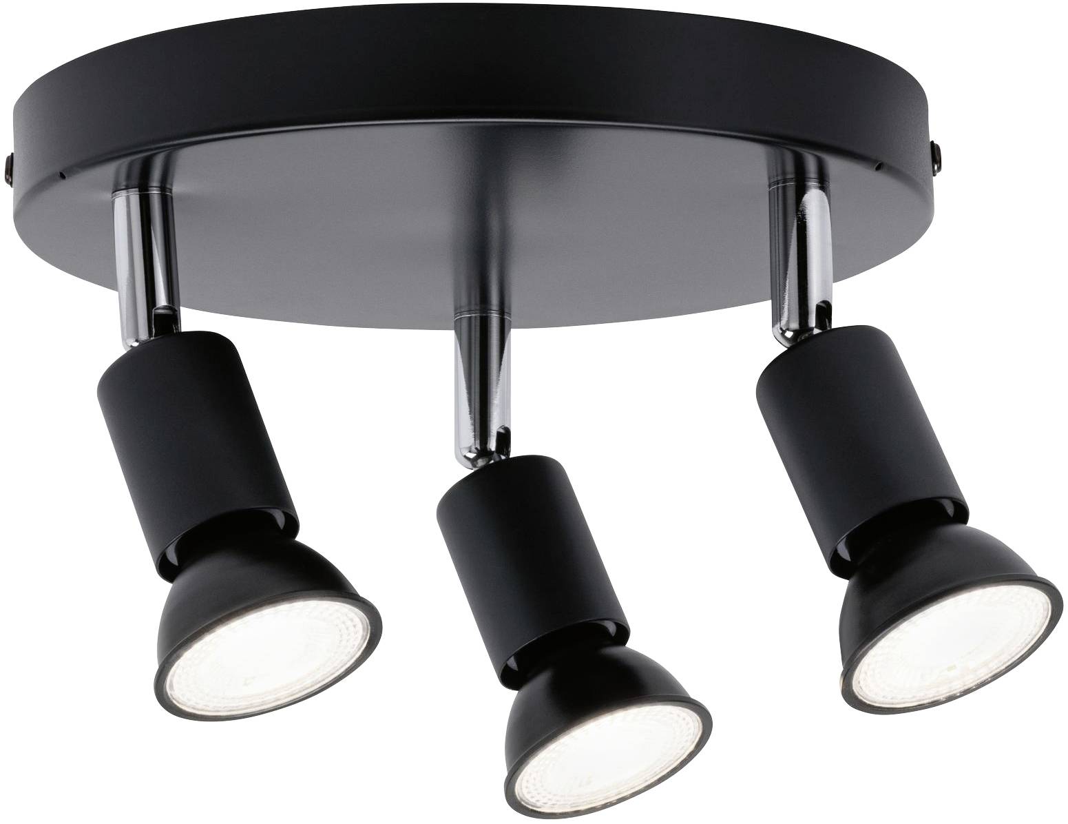 Čierne trojramenné bodové svetlo na guľatej základni; pohyblivé svetelné hlavice smerujú nadol.