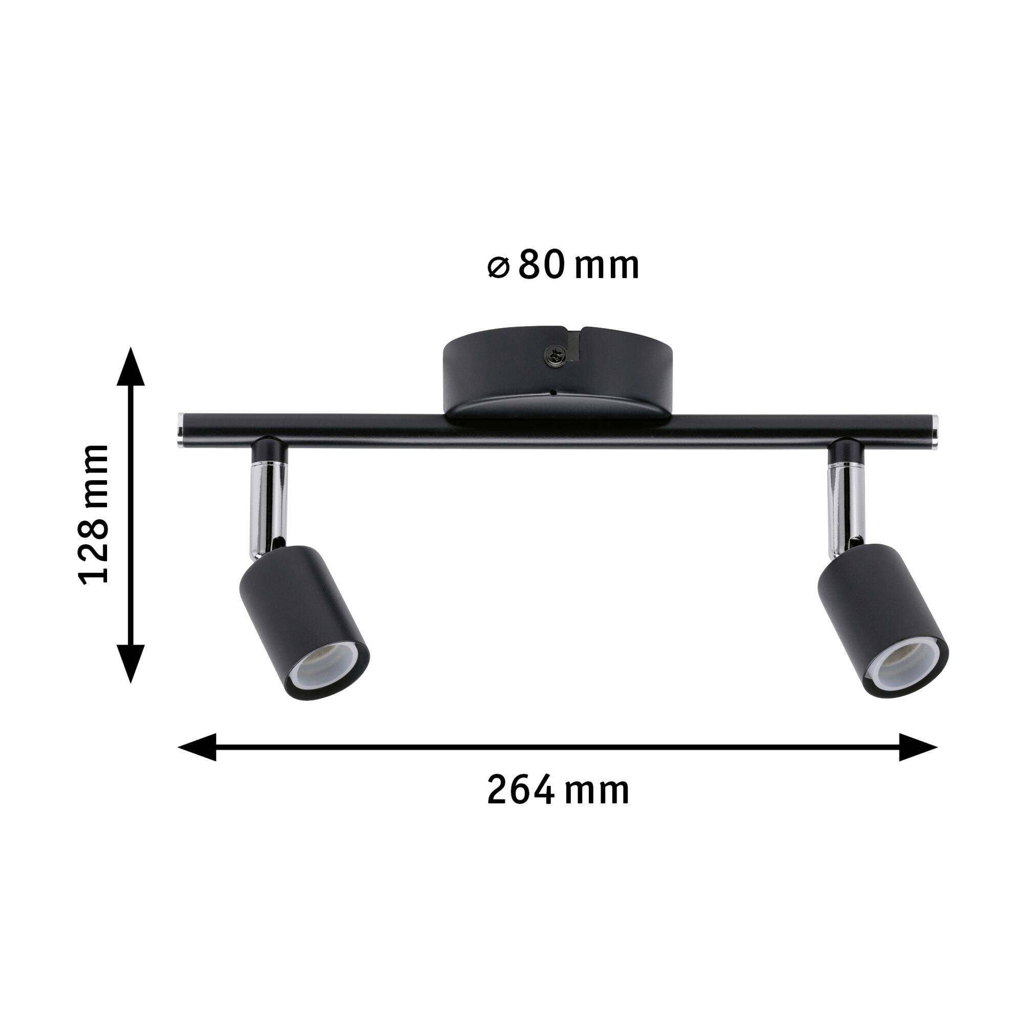 Čierne stropné svietidlo s dvoma nastaviteľnými reflektormi. Rozmery: šírka 264 mm, výška 128 mm, priemer stropnej základne 80 mm.