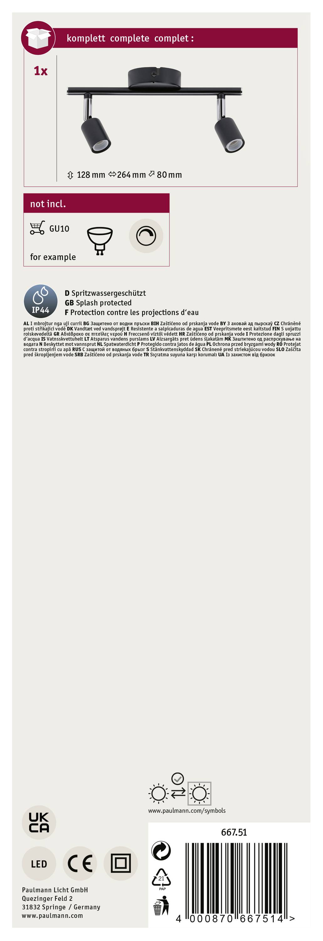 Pohyblivý bodový reflektor, čierny. Vrátane lámp GU10. Rozmery: 128 mm x 254 mm x 80 mm. Symboly energetickej účinnosti. Zobrazený príklad použitia.