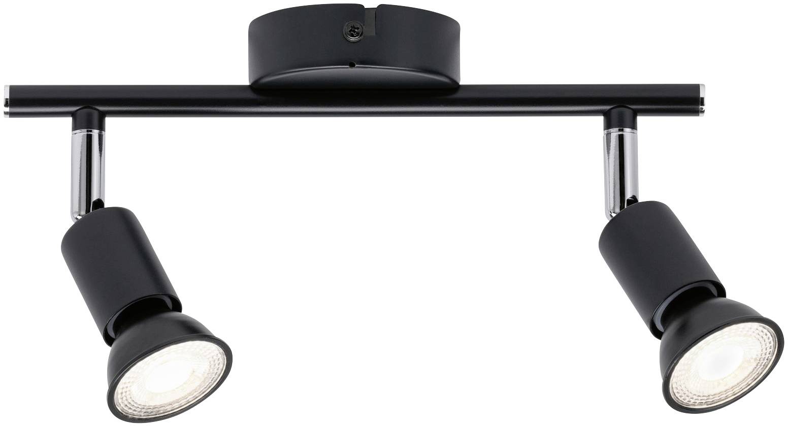 Dvojplameňová čierna stropná lampa s nastaviteľnými reflektormi. Ideálna na cielenú svetelnú výbavu priestorov alebo objektov.