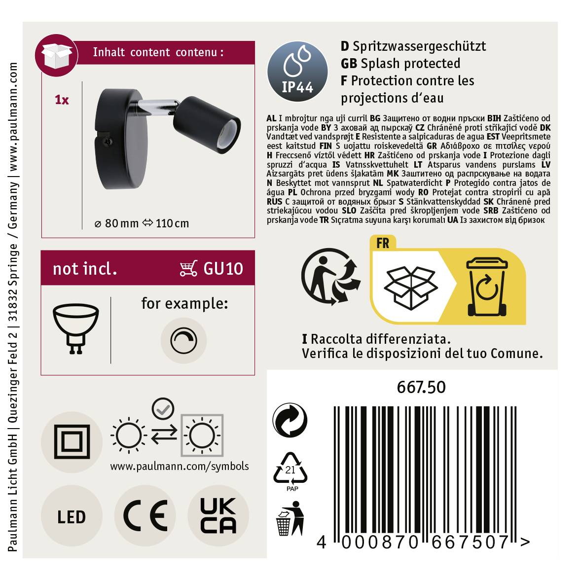 Etiketa balenia 'Paulmann Leuchte': zobrazuje obrázok produktu s rozmermi, stupeň krytia IP44 (ochrana pred striekajúcou vodou), pätica GU10, odkaz na recykláciu.