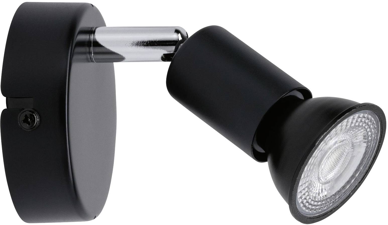 Čierny LED stenový reflektor s okrúhlou základňou a nastaviteľnou hlavou, vhodný na cielené osvetlenie priestorov.