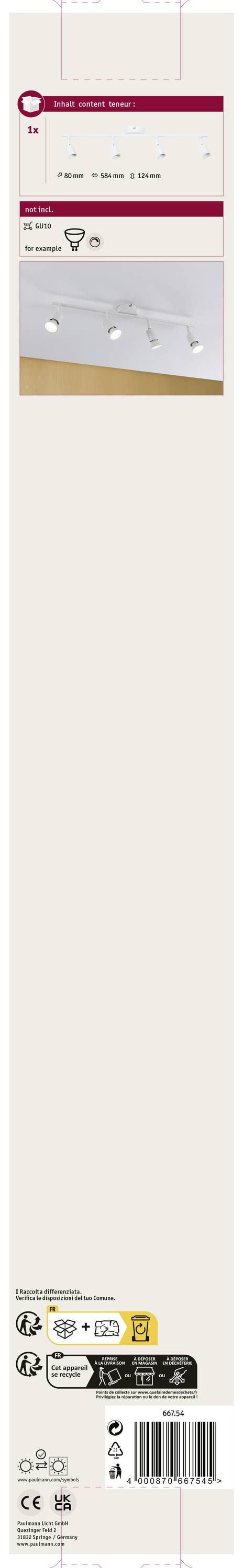 Obal pre LED stropný reflektor. Zobrazuje svetlo upevnené na strope. Znázornené informácie o úspore energie a záruke.