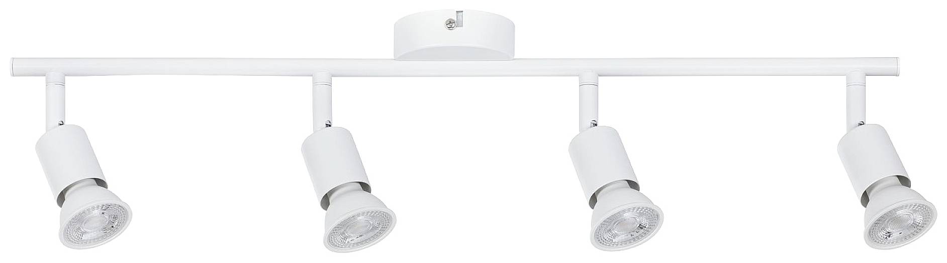 Biela stropná lampa so štyrmi nastaviteľnými svetlometmi, namontovaná na priamej lište. Ideálna na cielenú svetelnú atmosféru.