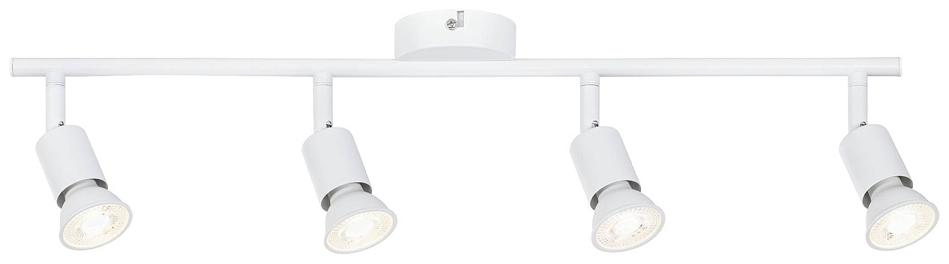 Štyri biele stropné reflektory na kovovej lište, všetky individuálne nastaviteľné do rôznych smerov. Ideálne pre priestorové osvetlenie.