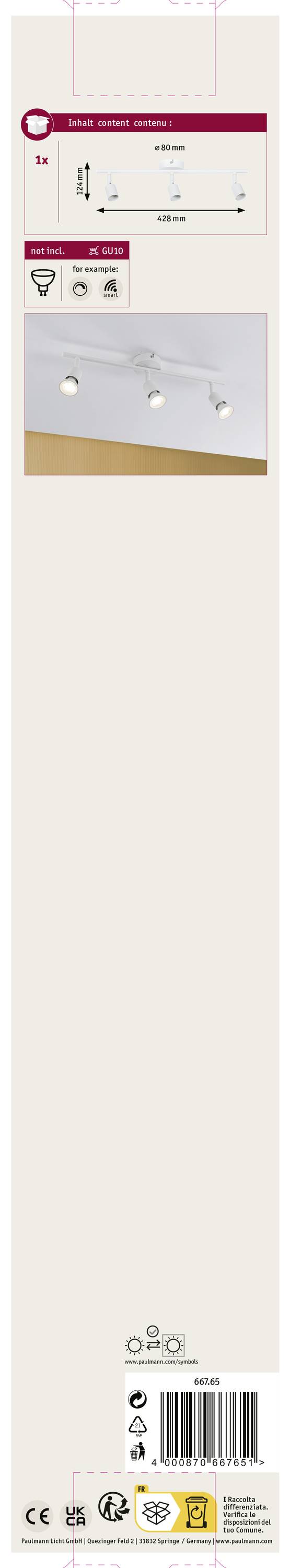 Stropné bodové svetlo Reality s tromi LED bodovkami GU10, v bielej farbe, vhodné do interiéru a na stenu, certifikované podľa CE, energeticky úsporné.