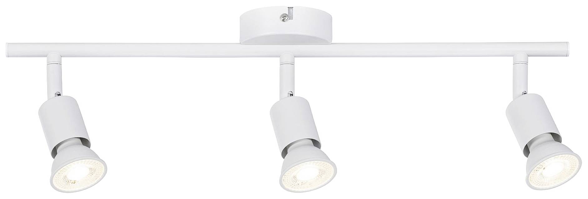 Biela stropná lampa s troma nastaviteľnými bodovými svetlami. Moderný dizajn, rovnomerné osvetlenie. Ideálna do obývacej izby alebo kuchyne.