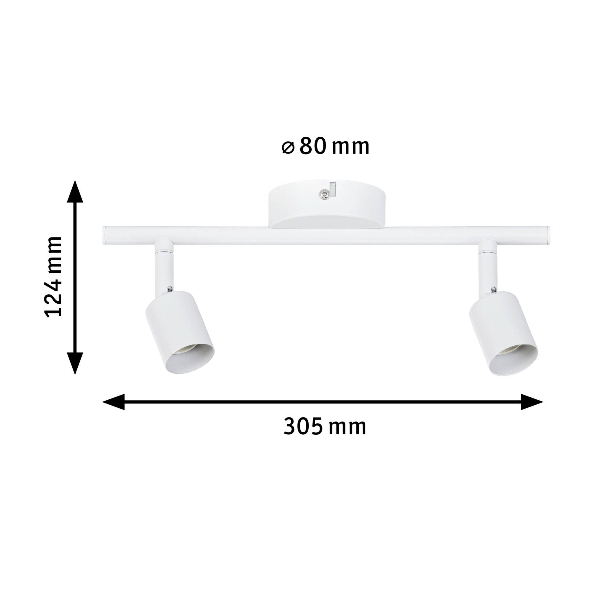 Dva biele, nastaviteľné stropné reflektory na horizontálnej lište. Rozmery: výška 124 mm, šírka 305 mm, lišta Ø 80 mm.
