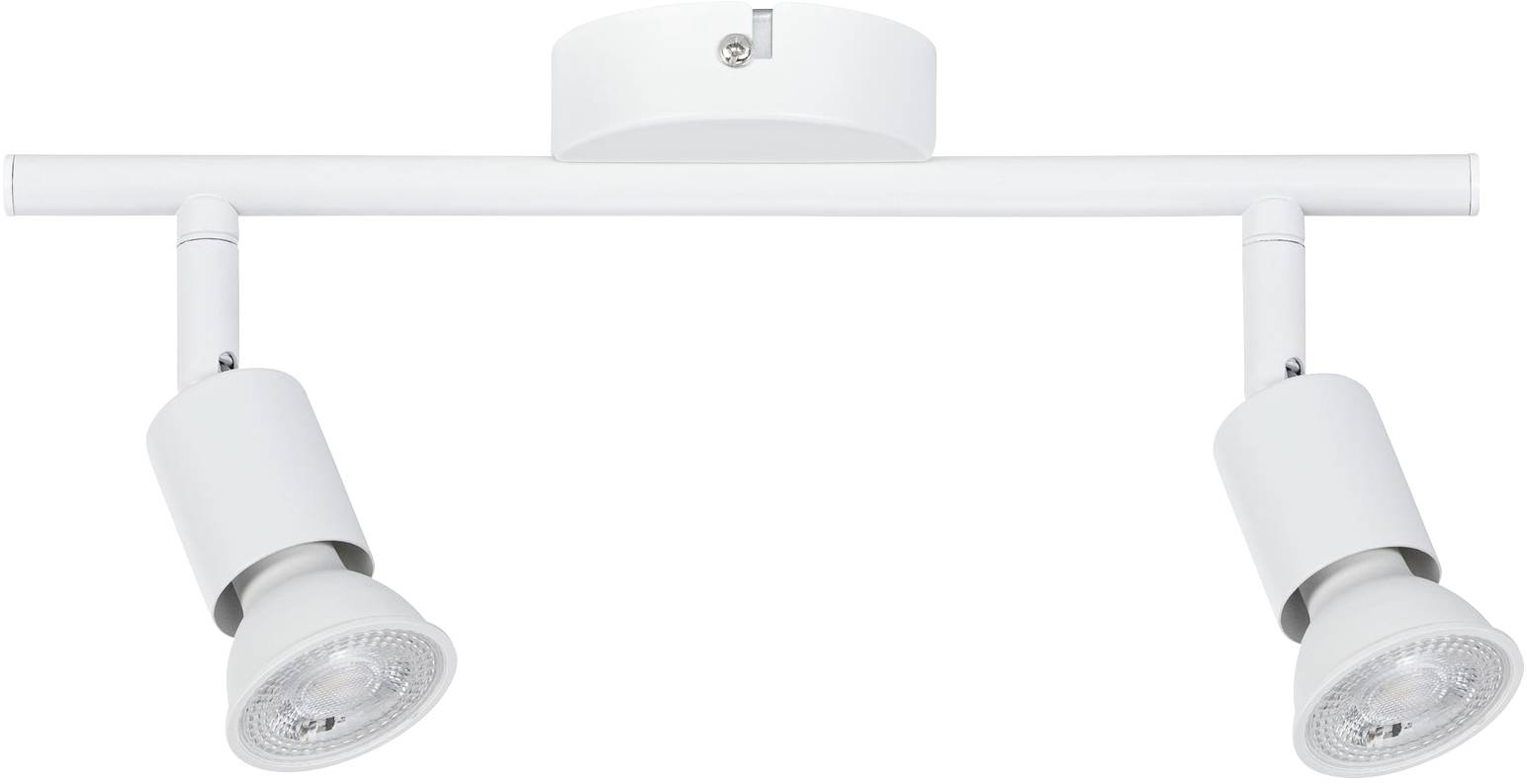 Dvojramenné biele stropné svietidlo s nastaviteľnými reflektormi, vhodné na osvetlenie interiérových priestorov.