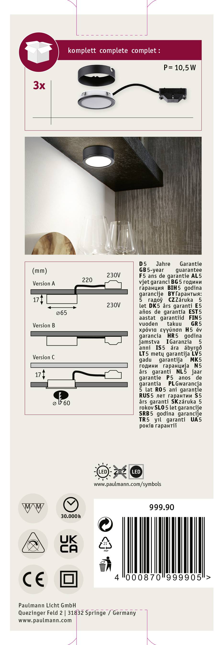 'LED podhľadové svietidlo, sada 3 kusov, 10,5W, energetická trieda A+, s vypínačom/senzorom. Rozmery: 220x65x15mm. Súčasťou balenia je montážny návod a bezpečnostné pokyny.'