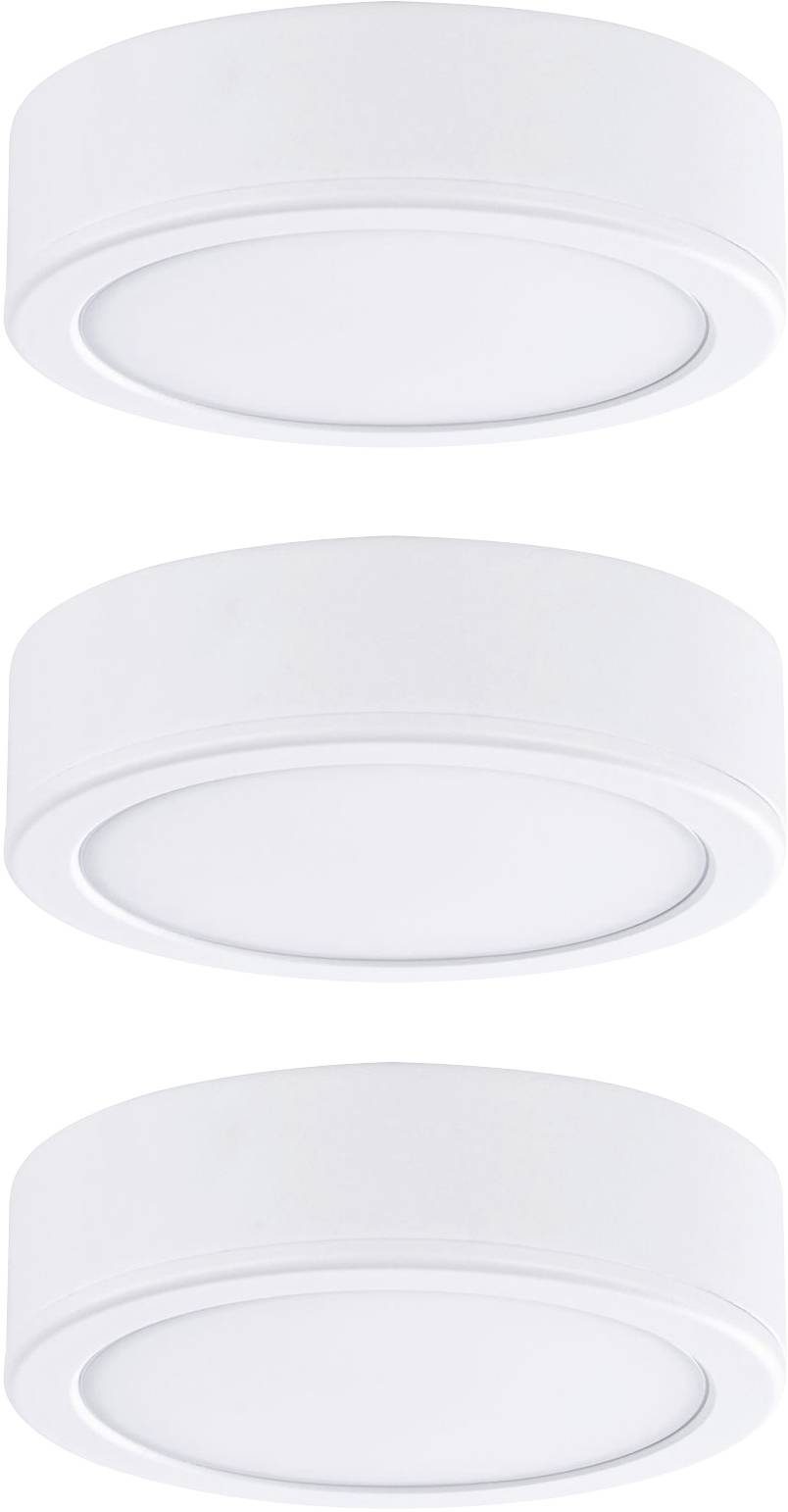 Tri okrúhle biele stropné LED svietidlá v jednoduchom, modernom dizajne, rovnomerne rozmiestnené na bielom pozadí.