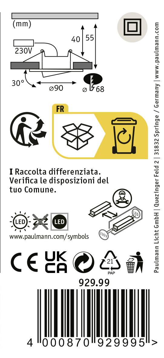 'GUA10' LED lampa, 4,6 W, 470 lm. Symboly: CE, UKCA, IP21. Pokyny na likvidáciu. Výrobca: Paulmann. Cena: 929,99. Obsahuje čiarové kódy.