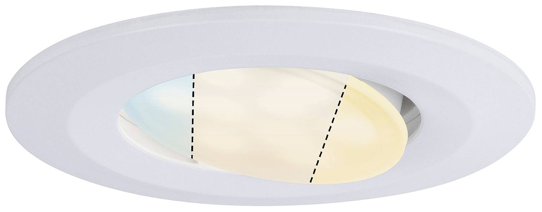 LED stropné svietidlo s možnosťou výberu dvojfarebného svetla. Vľavo studené, vpravo teplé svetlo. Zakrivené línie oddeľujú farby.