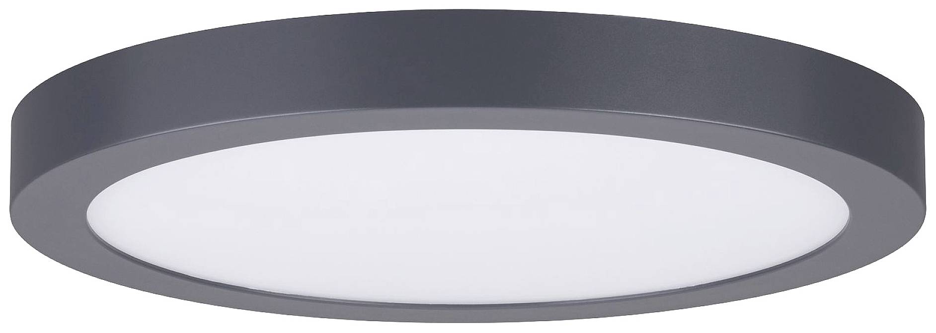 Okrúhle, ploché stropné svietidlo s tmavým rámom a bielym svetelným panelom.