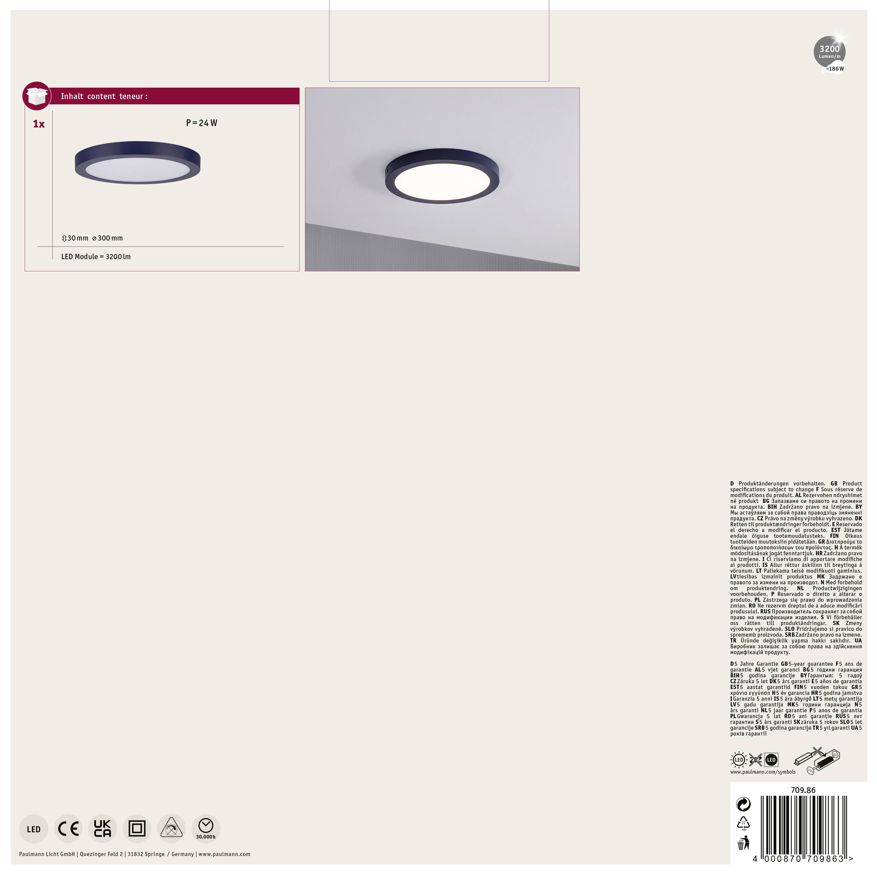 Okrúhle stropné LED svietidlo, 24 W, 3000 lm, vhodné na montáž na strop, zobrazené na neutrálnom pozadí.