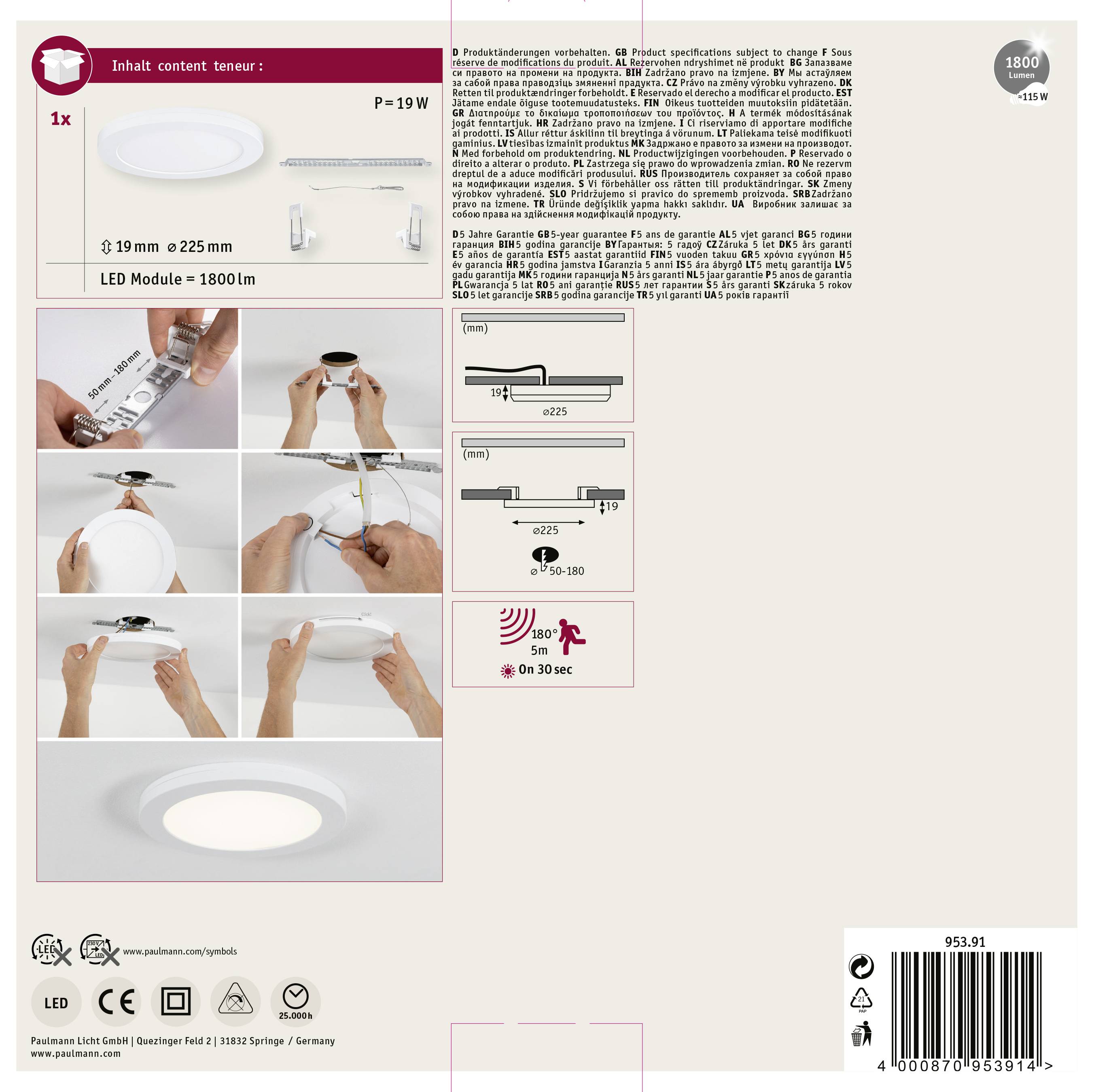 Popis produktu pre LED svietidlo. Obsahuje inštalačný návod s obrázkami, technickými údajmi a pokynmi na montáž.