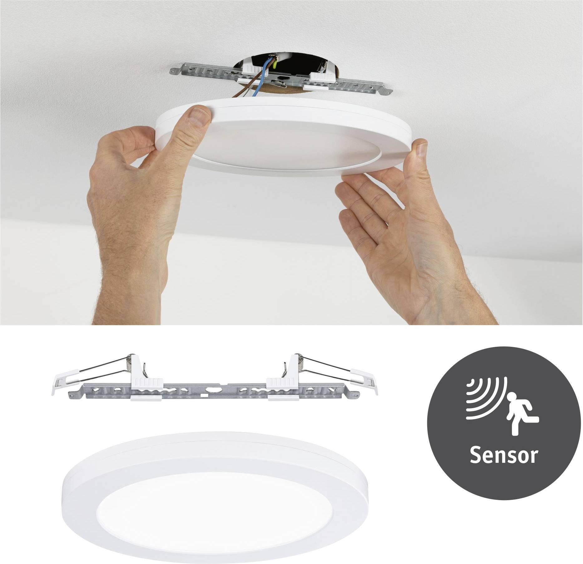 LED panel sa montuje na strop. Vrátane pohybového senzora pre automatické zapínanie/vypínanie. Kabeláž je viditeľná.