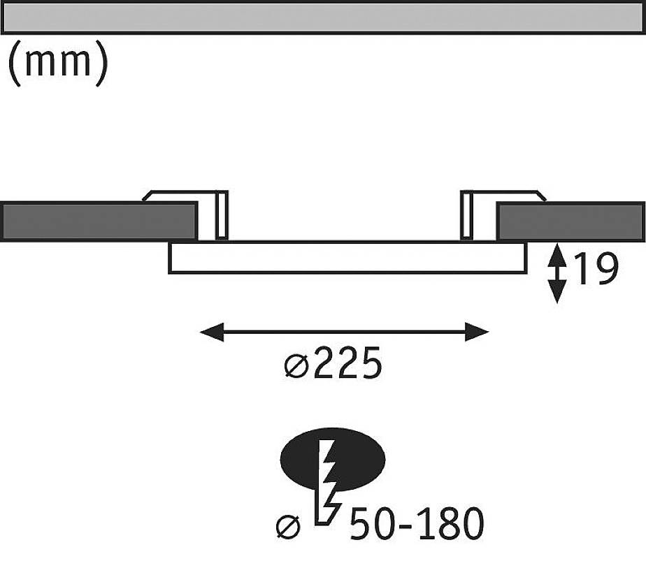 Technický výkres: Pohľad z boku schémy zapustného svetla. Vzdialenosť od stropu 19 mm; priemer 225 mm, veľkosť otvoru 50-180 mm.