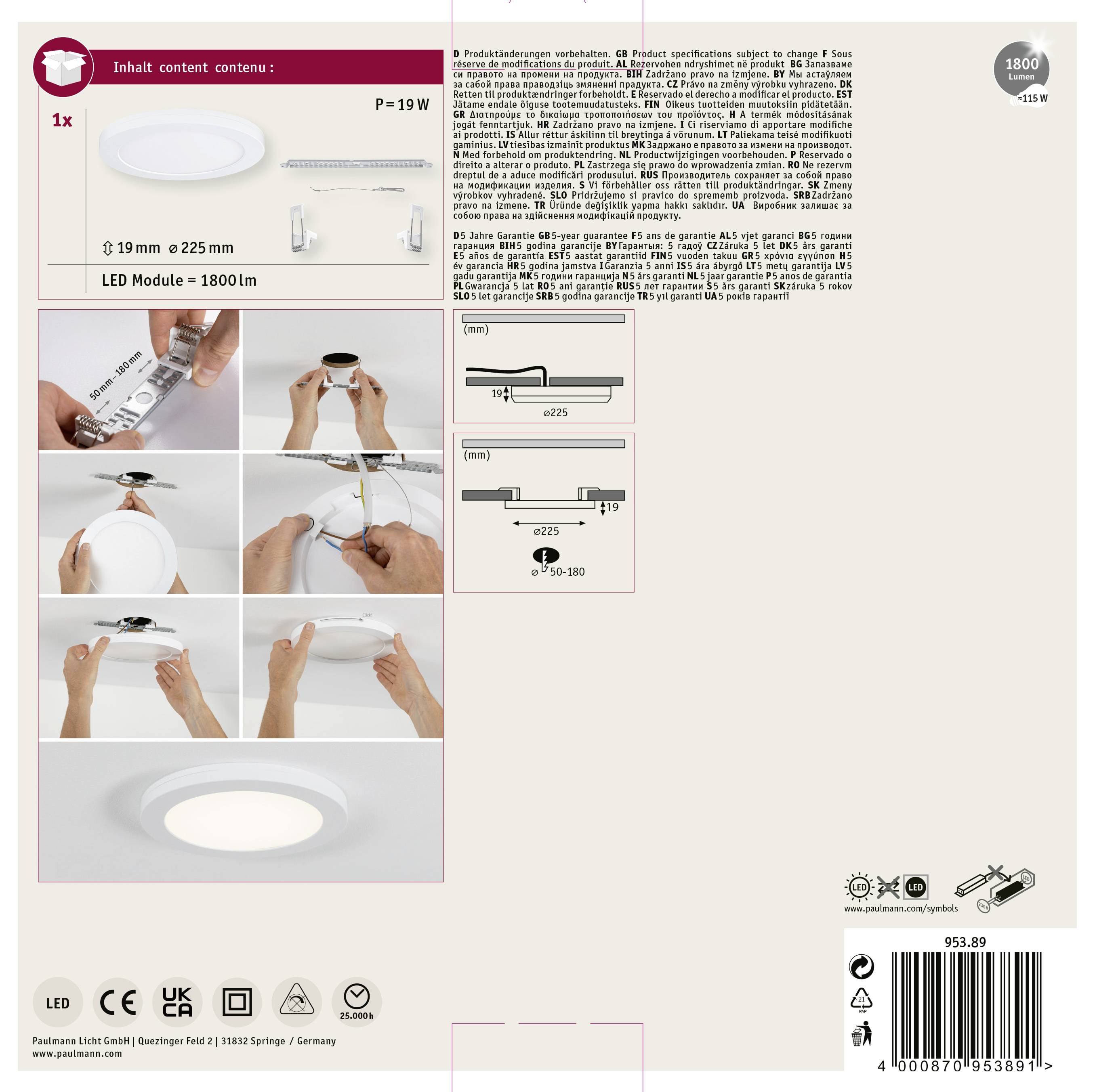 Obal produktu LED stropnej lampy s inštalačnými diagramami a technickými údajmi. Obsahuje informácie o veľkosti a výkone.