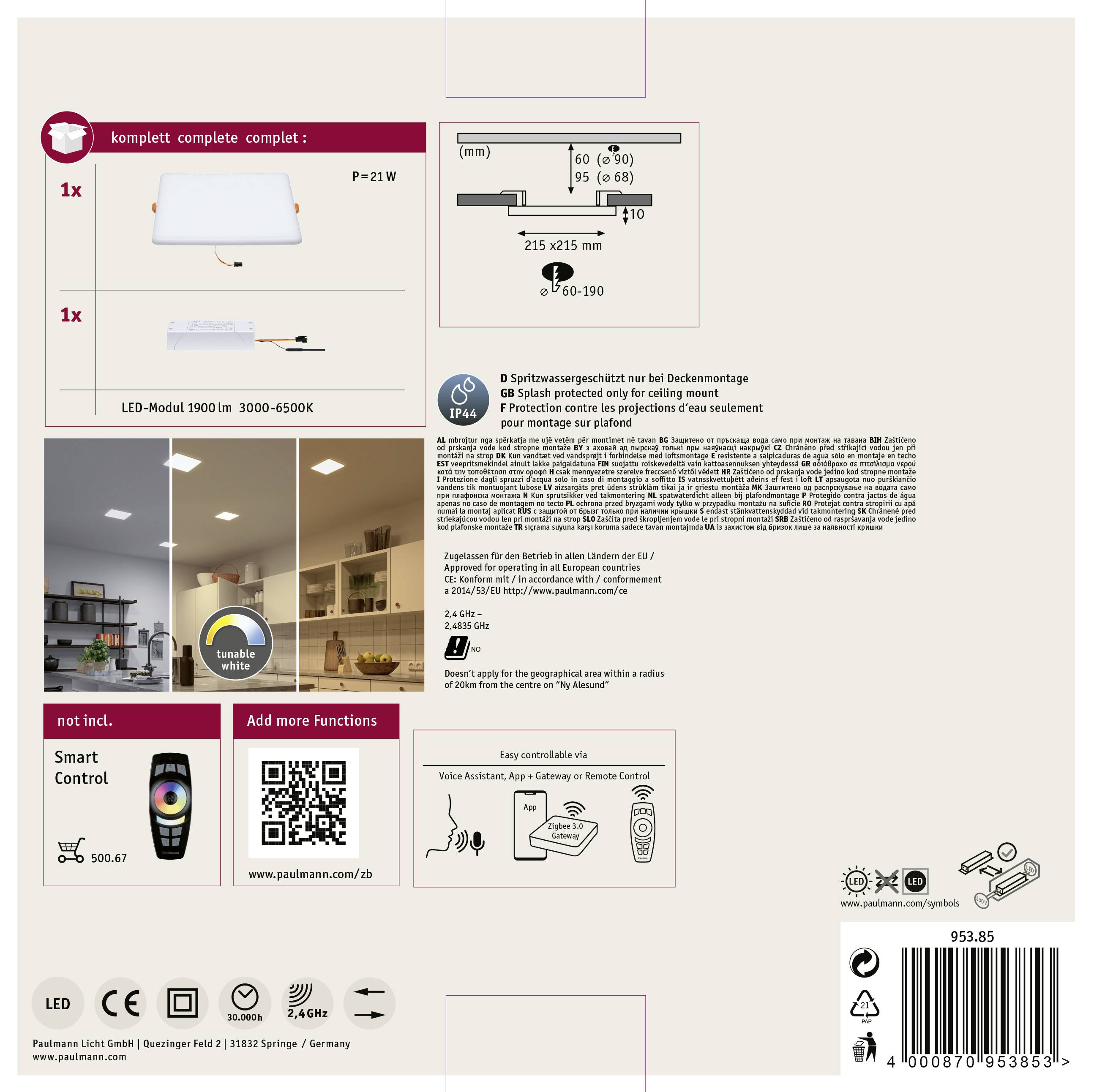 LED stropné svietidlo set: Obsahuje 1 LED modul (1900 lm, 3000-4500K) a 1 štvorcový kryt (21W). Vhodné pre inštaláciu v obývacej izbe. Kompatibilné so smart ovládaním.