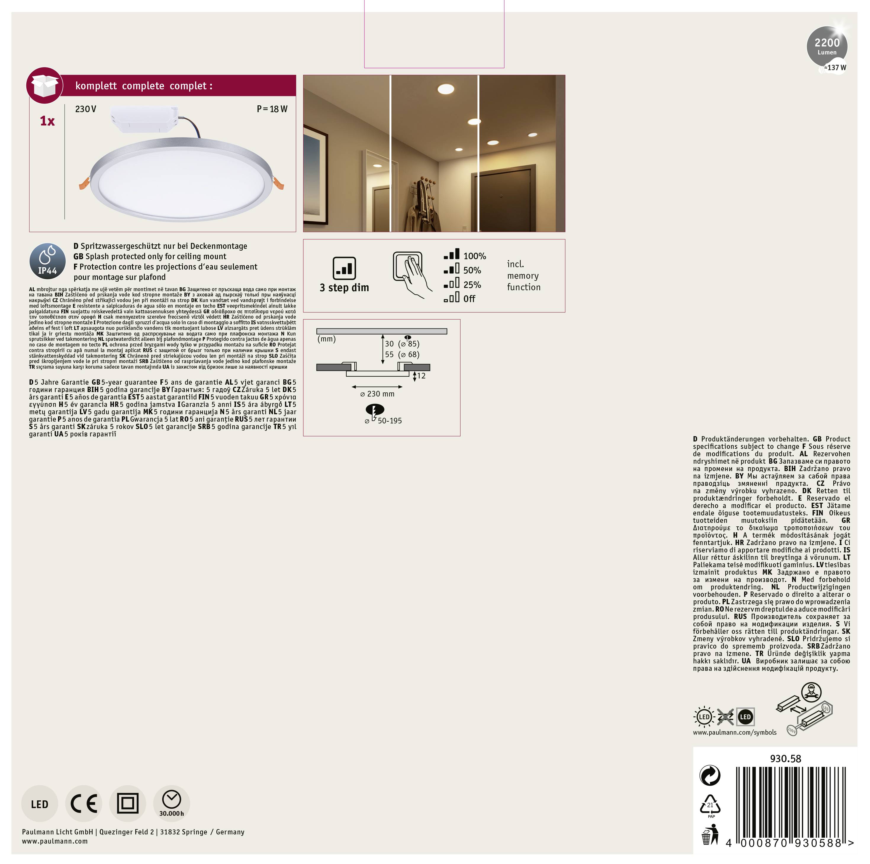 'LED stropné svietidlo 9,5W, 2200 lm, 2800K, stmievateľné v 3 stupňoch, energeticky úsporné, teplé biele svetlo. Ideálne do obytných priestorov a chodieb.'