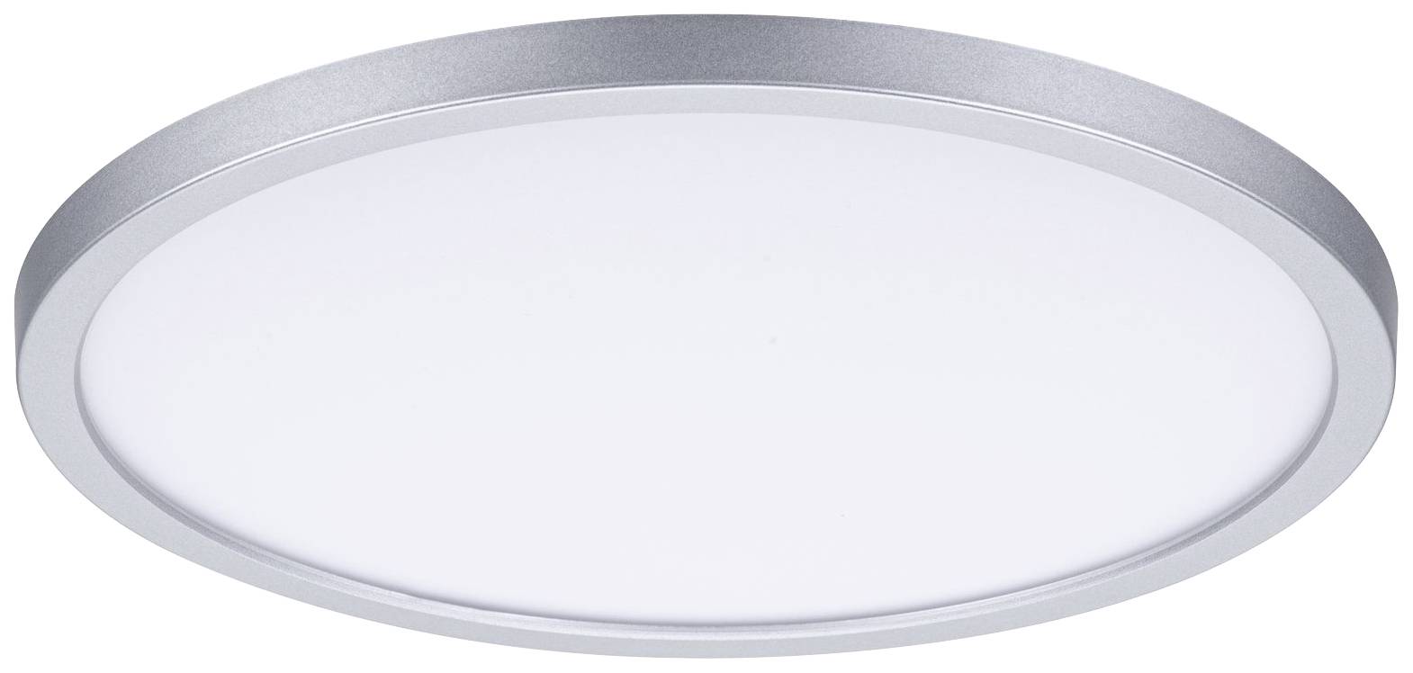 Okrúhle ploché LED stropné svietidlo so strieborným okrajom a bielou svetelnou plochou. Ideálne pre moderné priestory s minimalistickou estetikou.