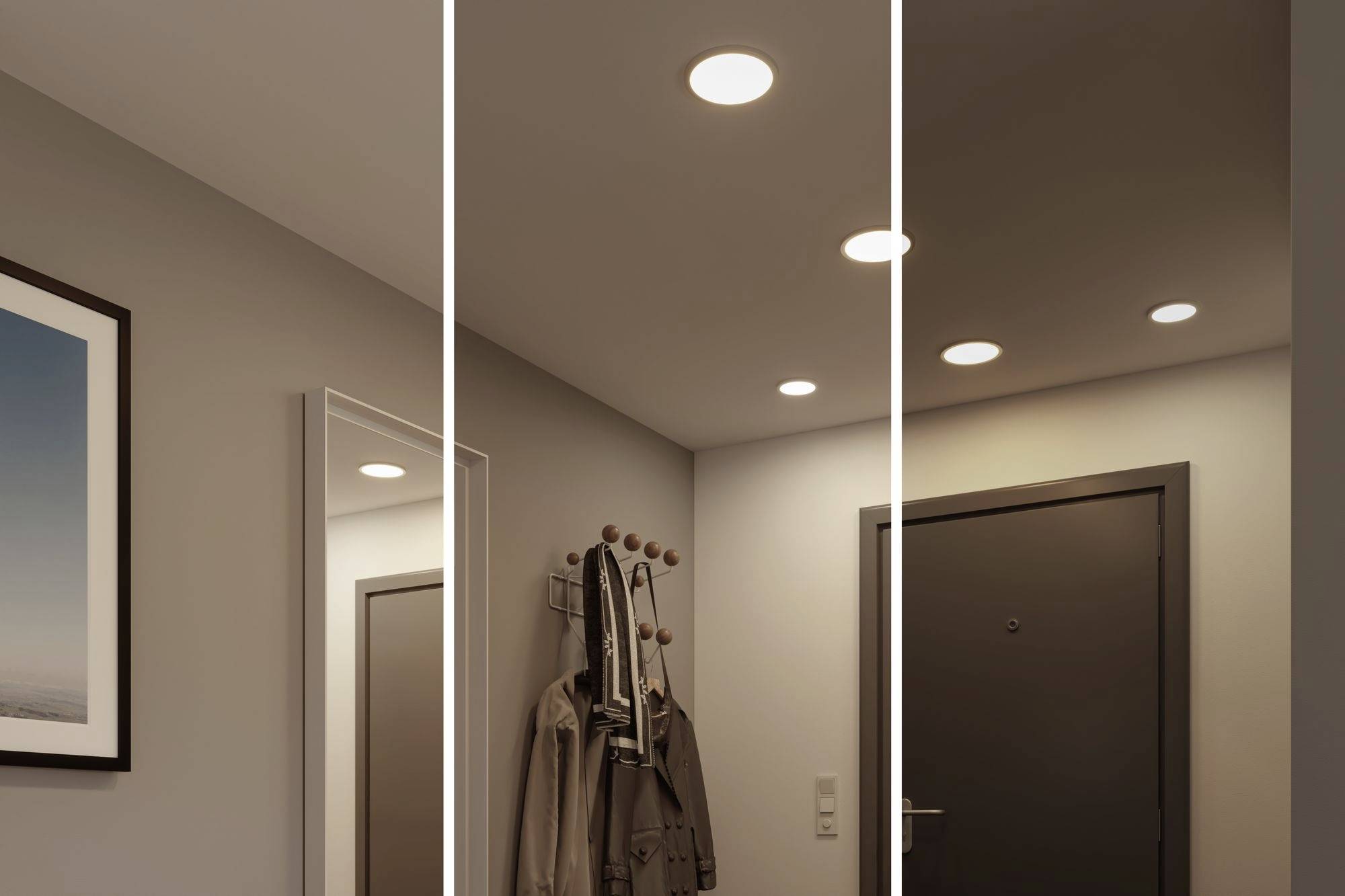 Tri obrázky chodby so stmievateľným stropným osvetlením. Vľavo jasné svetlo, v strede stredne intenzívne svetlo, vpravo tlmené svetlo.