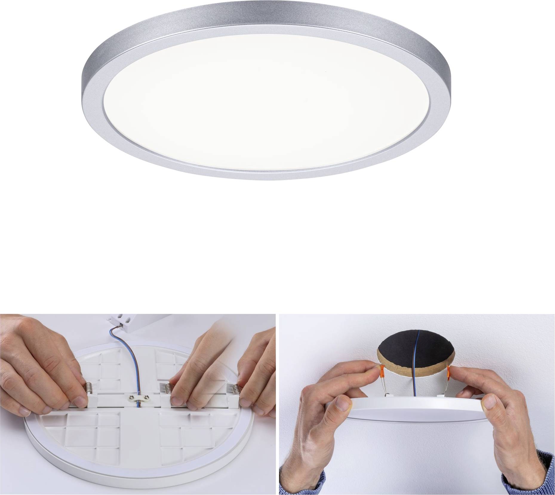Okruhové LED stropné svietidlo so strieborným rámom. Dole: Ruky inštalujú lampu zozadu a upevňujú ju na strop.