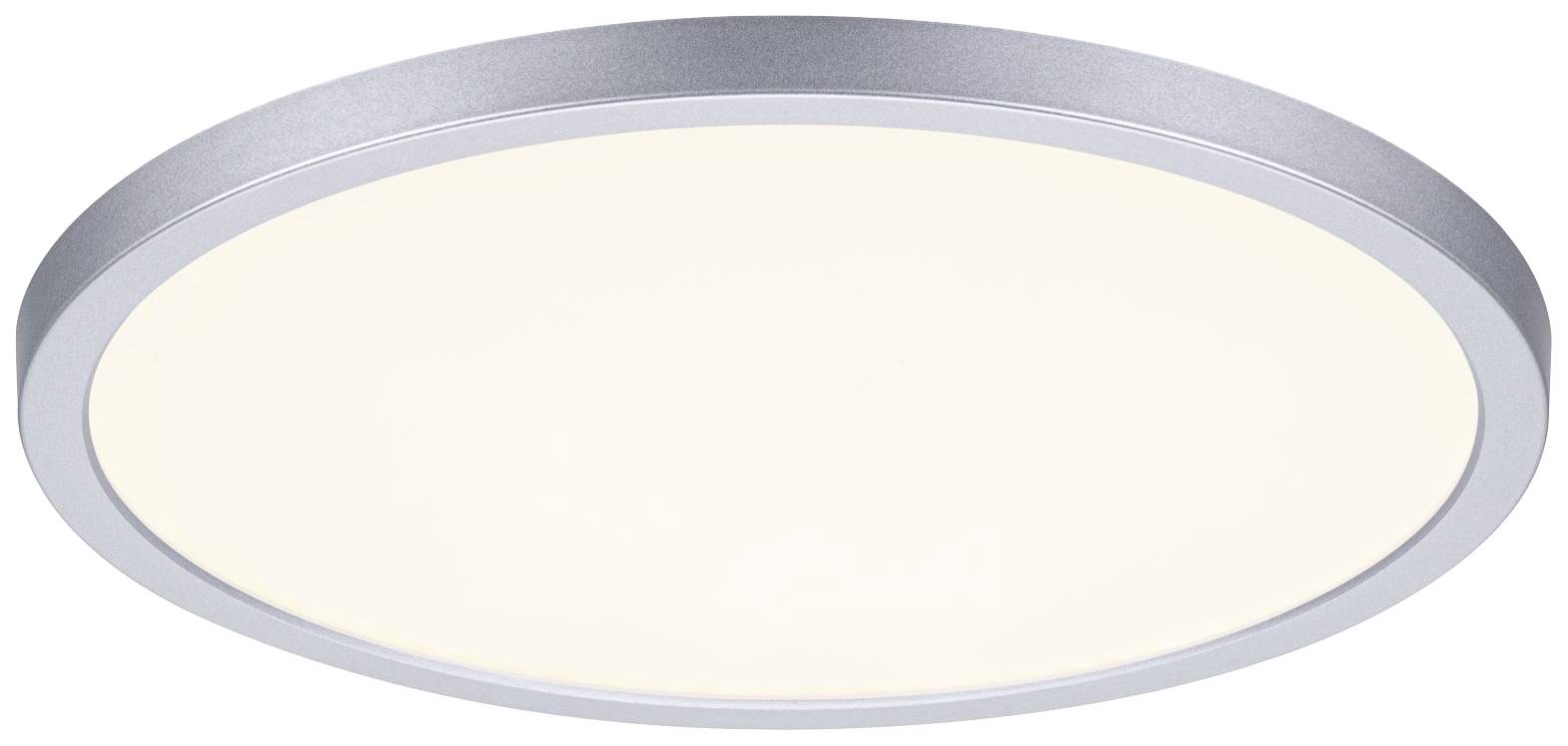 Okruhle stropné svietidlo so strieborným rámom a difúznym, bielym svetelným výstupom. Jednoduché dizajnové prevedenie, vhodné do moderných interiérov.