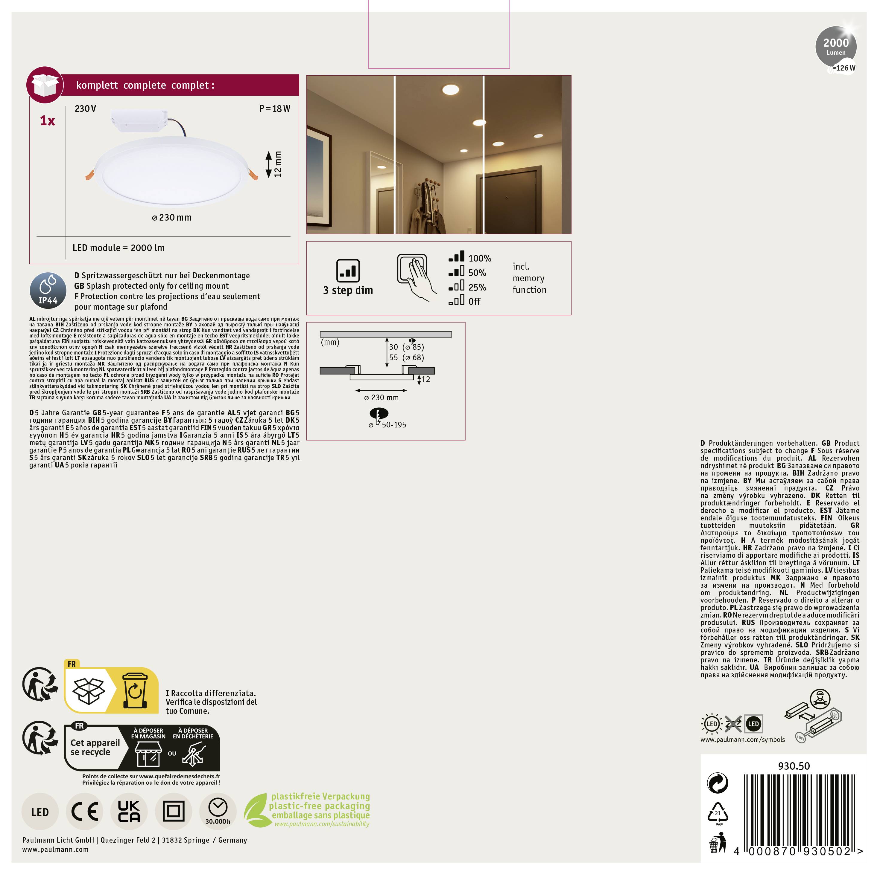 Balenie LED svietidla. Zobrazuje obrázok lampy, technické detaily, návod na použitie a symboly energetickej triedy a recyklácie.
