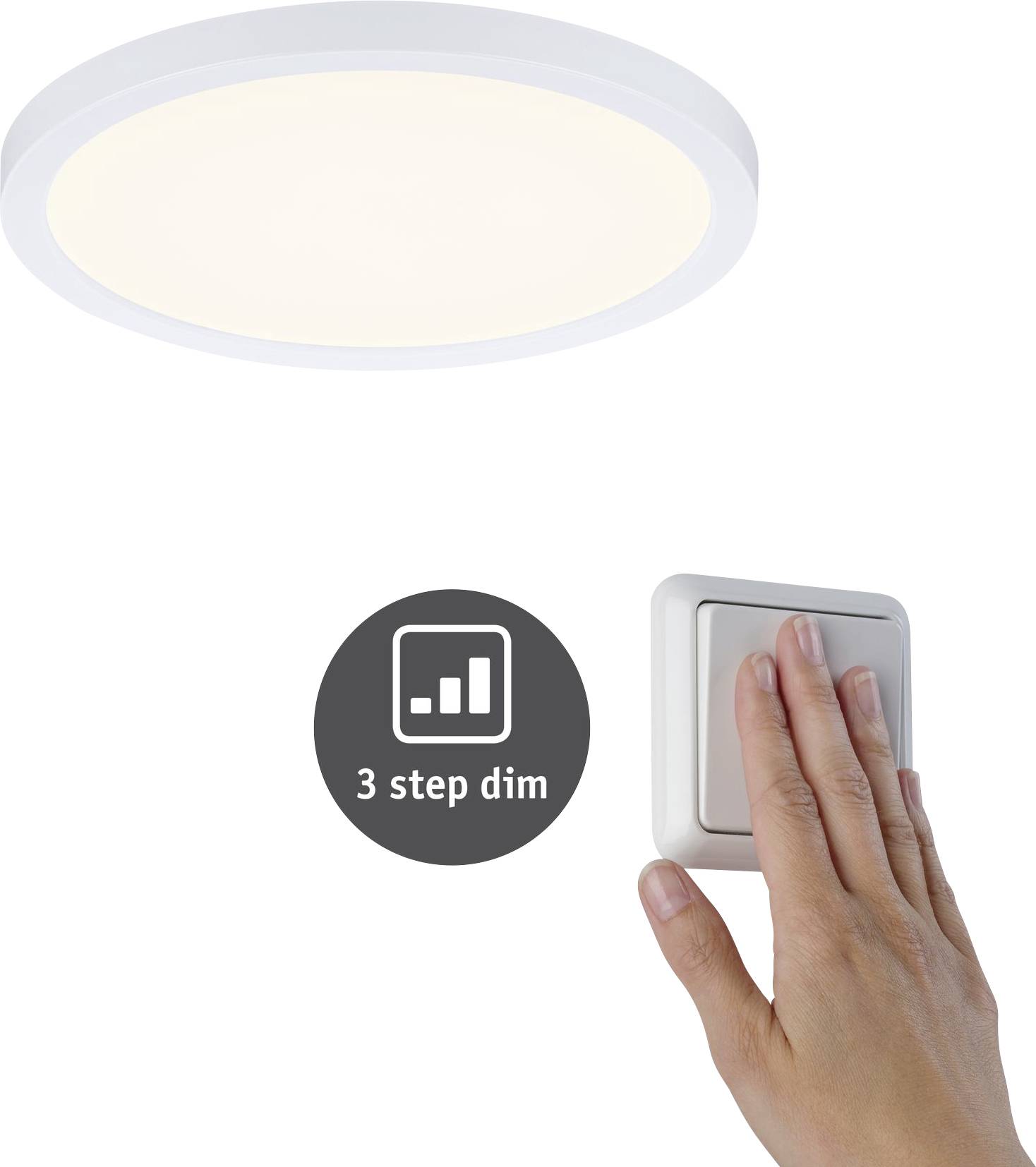 Ruka aktivuje spínač svetla pod okrúhlym LED stropným svietidlom s nápisom '3-stupňové stmievanie'.