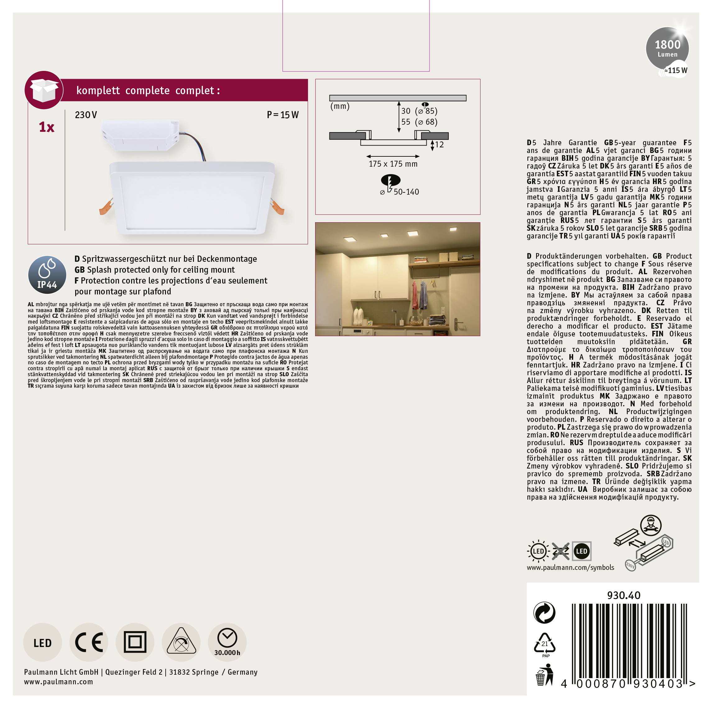 Produktový obal so stropným LED svietidlom, 15 W, 230V, obrázok lampy v miestnosti. Uvedené sú detaily ku garancii a montáži.