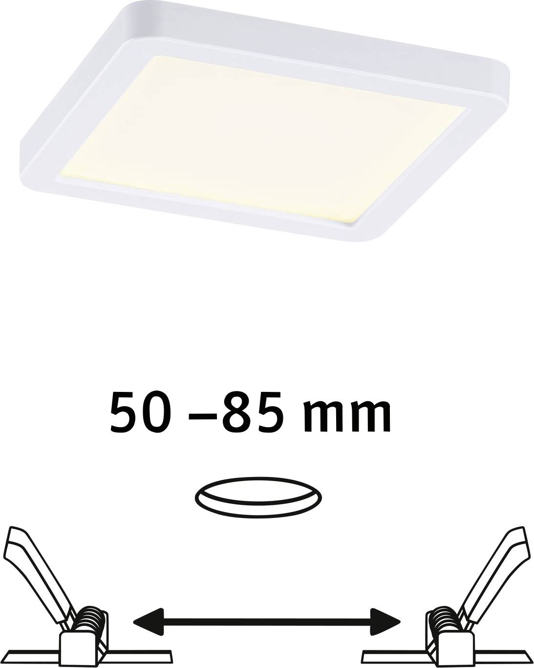 LED podhľadový svetlomet, štvorcový, biely, zobrazuje montážny návod: priemer otvoru 50-85 mm so zasúvacími upevňovacími svorkami.
