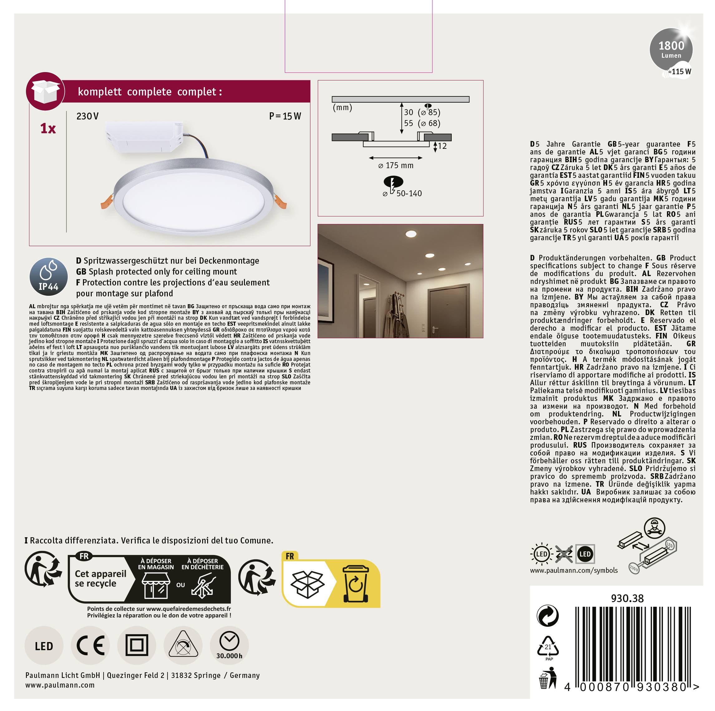 LED panel 230V, 15W vrátane príslušenstva a návodu na montáž. Obrázok zobrazuje namontovaný panel v chodbe s ďalšími technickými detailmi.
