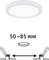 Stropný bodový svetlomet, biely, s variabilným vstavaným priemerom od 50 do 85 mm; ilustrácia pružinového mechanizmu inštalácie.