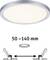 LED stropné svietidlo s okrúhlym strieborným rámom. Pod ním náčrt znázorňujúci hĺbku nastavenia od 50 do 140 mm.