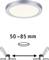 Okrúhle stropné svietidlo so strieborným okrajom vrátane inštalačného návodu pre montážnu hĺbku 50–85 mm so schematickými nákresmi.