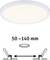 Guľaté stropné svietidlo na bielom pozadí. Pod ním diagram znázorňujúci nastaviteľný montážny otvor v rozsahu 50-140 mm.
